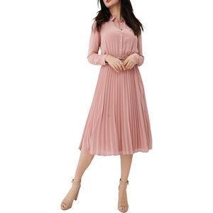 NEW Pink Career Shirt Dress Long Sleeve Pleated Midi Dress NO Belt S